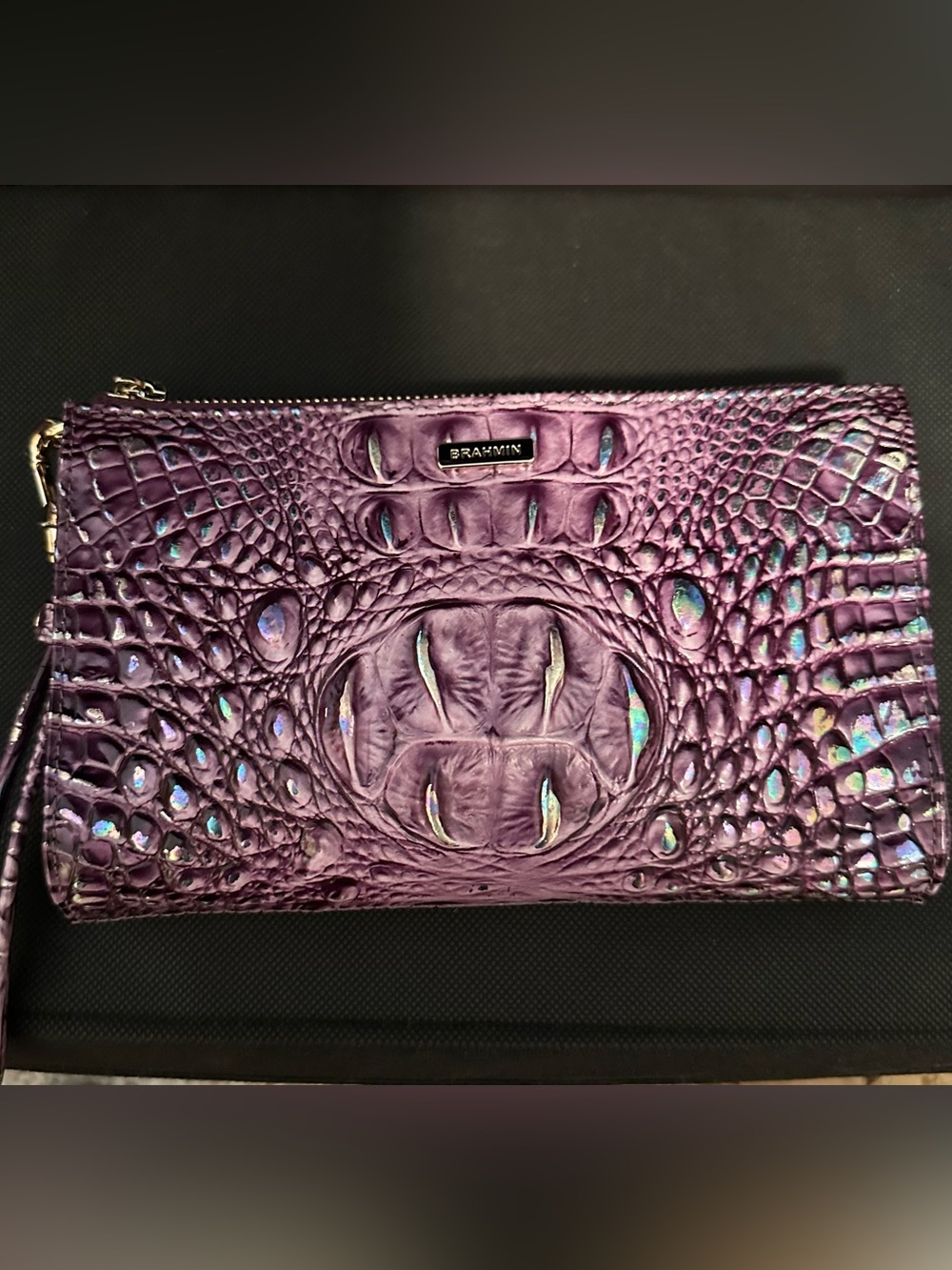 Brahmin Purple Passion Daisy Wristlet Iridescent Purple Leather EUC